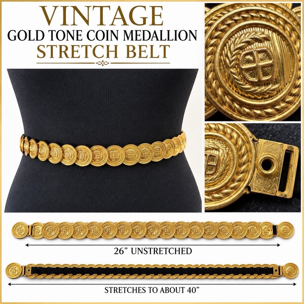 Vintage Gold Tone Coin Medallion Stretch Belt Black Elastic 26-40" Statement